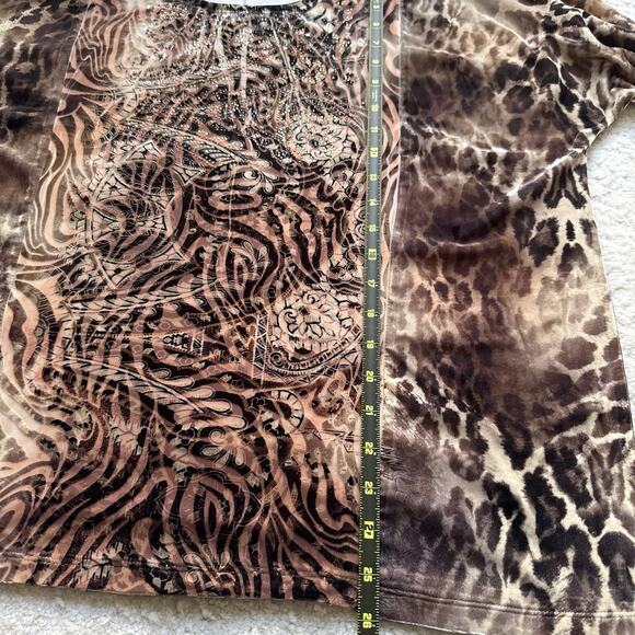 CHICO’S Burnout Velvet Brown Embellished Tunic Blouse Top Stretch Fall Size 2 L - Picture 7 of 9